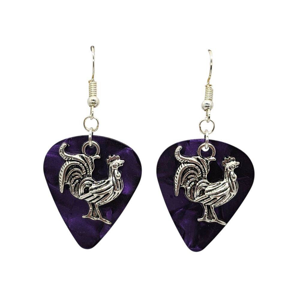 Rooster Chicken Charm on Guitar Pick Earrings - Choose Color - Handmade in USA